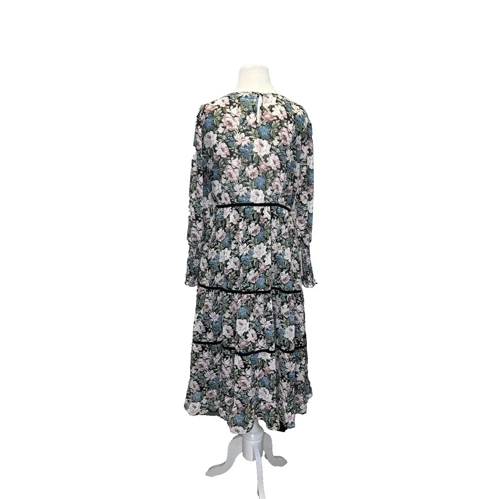 En Saison Floral Midi Dress Small Tiered Pastel Chiffon Rose‎ Cottagecore